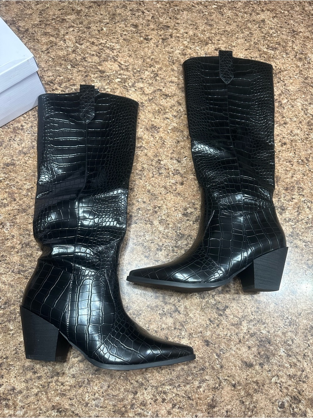 NEW NIB Princess Polly Black Croc-Embossed Mid-Calf Heeled Parker Boots 8